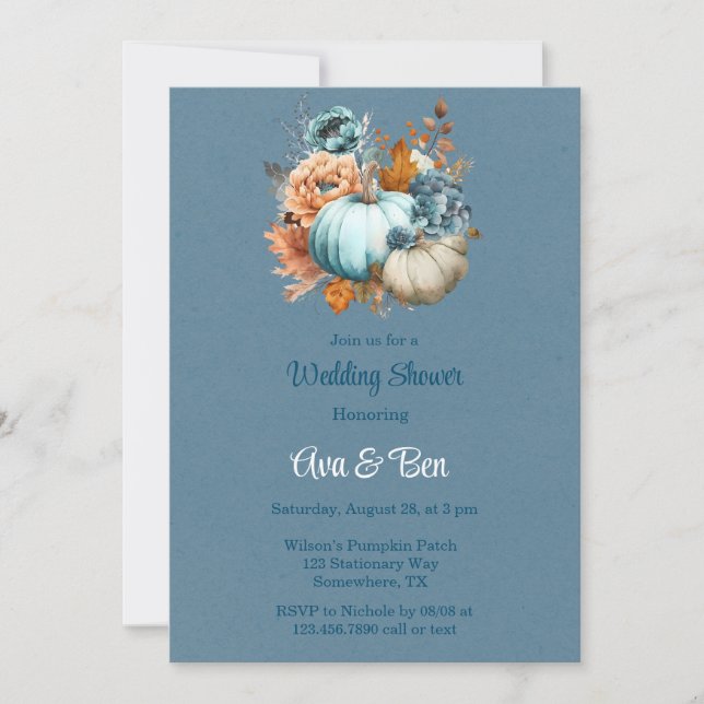Blue Orange Pumpkin Peony Wedding Shower Invitation (Front)
