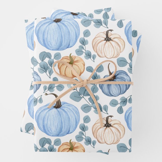 Blue & Orange Pumpkins and Eucalyptus Leaves  Wrapping Paper Sheet (In situ)