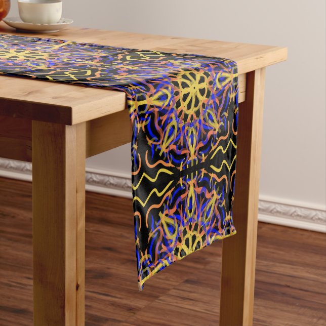 Blue Orange Purple Yellow Mechanical Drawing Short Table Runner (In Situ)
