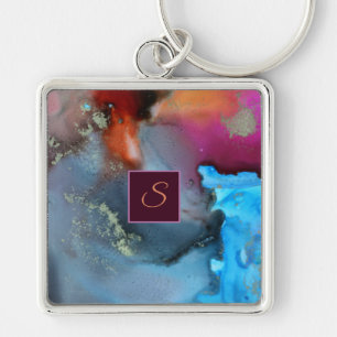 Blue Orange Red Abstract Waves Monogram Key Ring