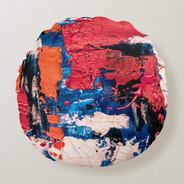 Blue, orange, red, and black painting round cushion (Front)