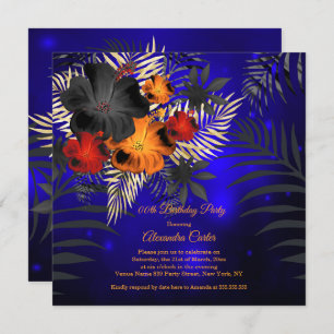 Blue Orange Red Black Hibiscus Floral Birthday Invitation