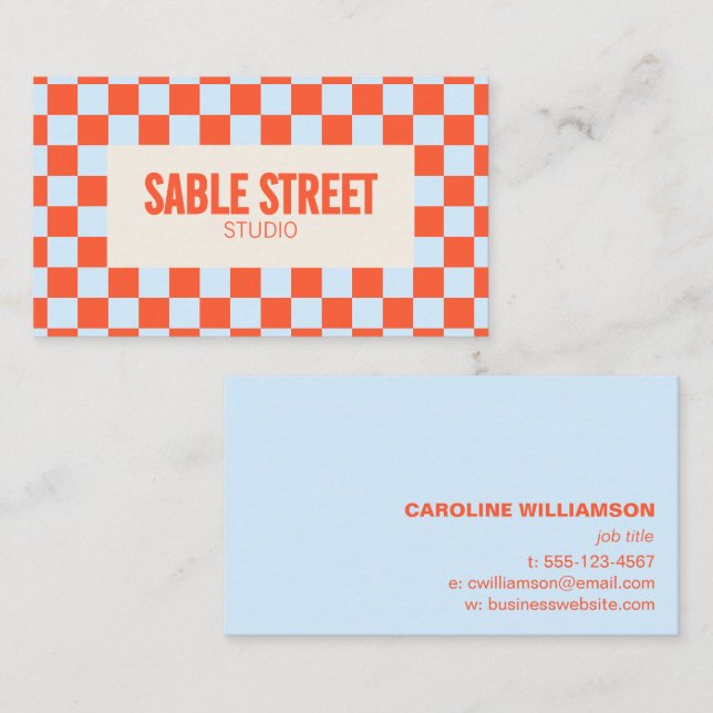 Blue Orange Retro Checkerboard Bold Creative Brand Business Card (Front/Back)