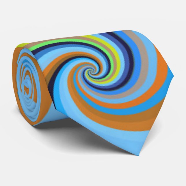 Blue Orange Retro Dizzy Vortex Spiral Swirls Tie (Rolled)