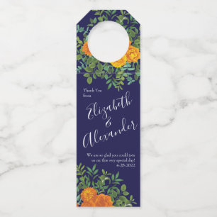 Blue & Orange Rose Floral Modern Wedding Bottle Tag