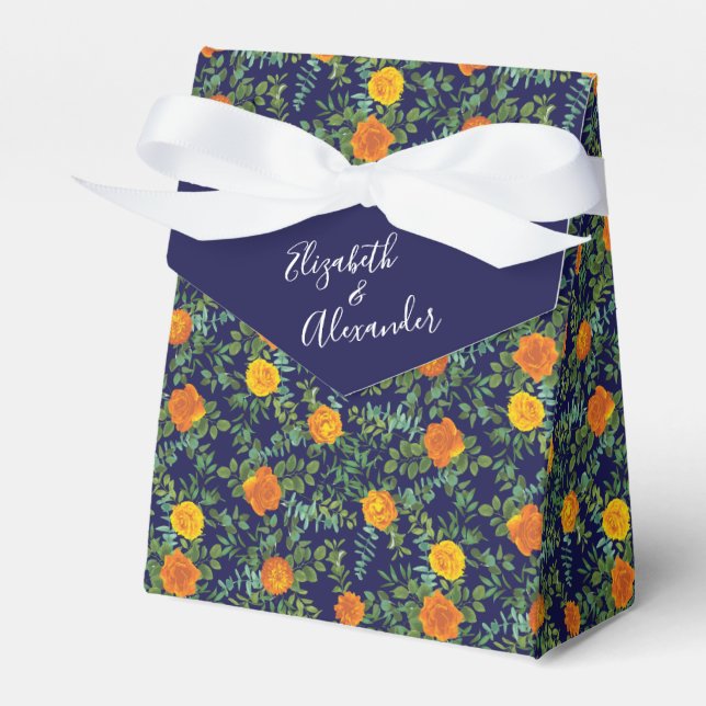 Blue & Orange Rose Floral Modern Wedding Favour Box (Front Side)