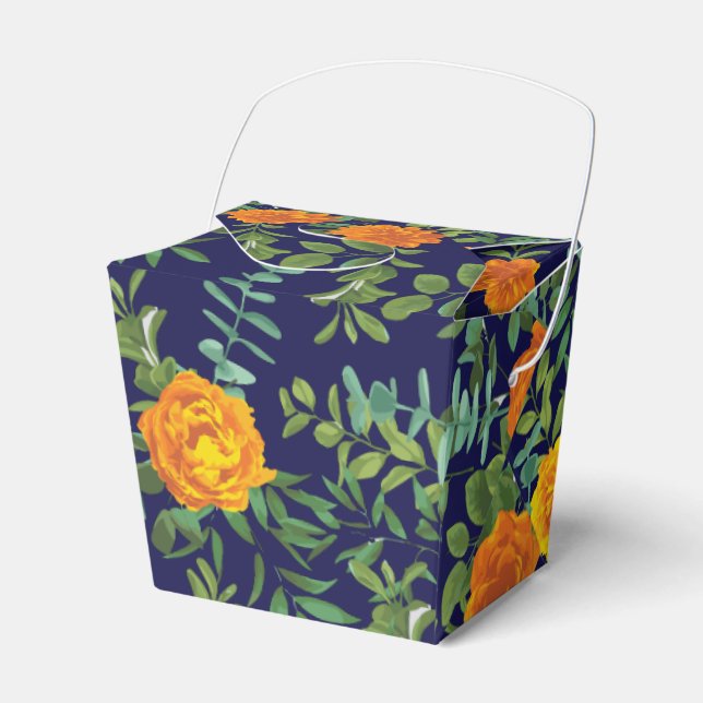 Blue & Orange Rose Floral Modern Wedding Favour Box (Front Side)