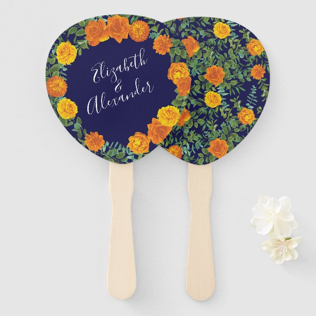 Blue & Orange Rose Floral Modern Wedding Hand Fan (Front and Back)