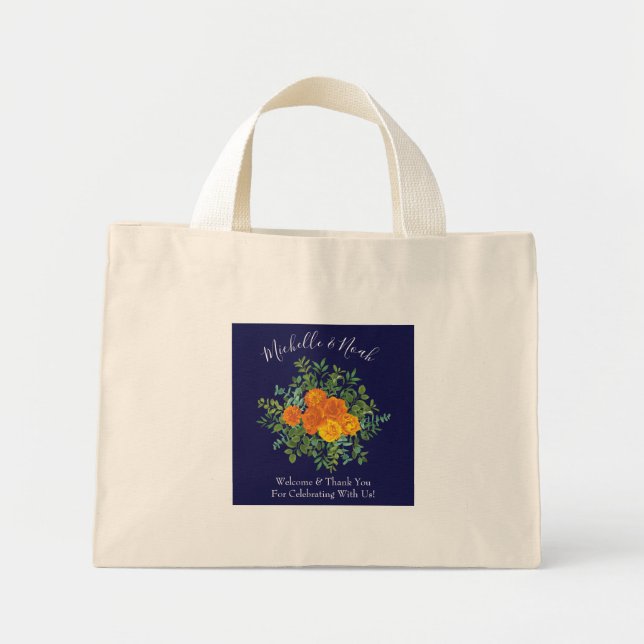 Blue & Orange Rose Floral Modern Wedding Mini Tote Bag (Front)