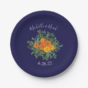 Blue & Orange Rose Floral Modern Wedding Paper Plate