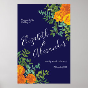 Blue & Orange Rose Floral Modern Wedding Poster
