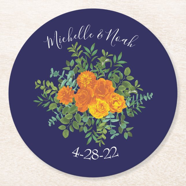 Blue & Orange Rose Floral Modern Wedding Round Paper Coaster (Front)