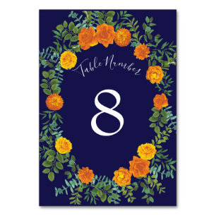 Blue & Orange Rose Floral Modern Wedding Table Number