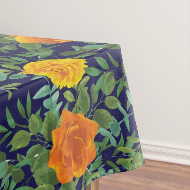 Blue & Orange Rose Floral Modern Wedding Tablecloth (In Situ)