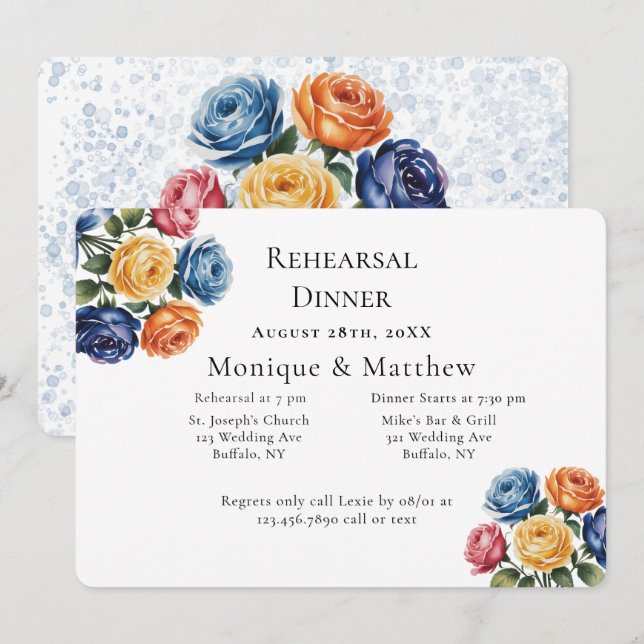Blue & Orange Rose Wedding Rehearsal Dinner Invitation (Front/Back)