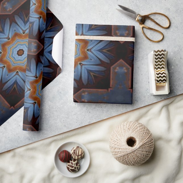 Blue Orange Rustic Star Pattern No1 Wrapping Paper (Crafts)