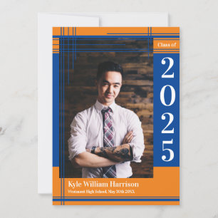 Blue Orange School Colour Graduation Photo Plaid Invitation