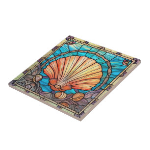 Blue Orange Seashell Stained Glass Ceramic Tile