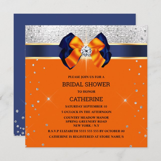 Blue orange silver glitter bow elegant sparkle invitation (Front/Back)