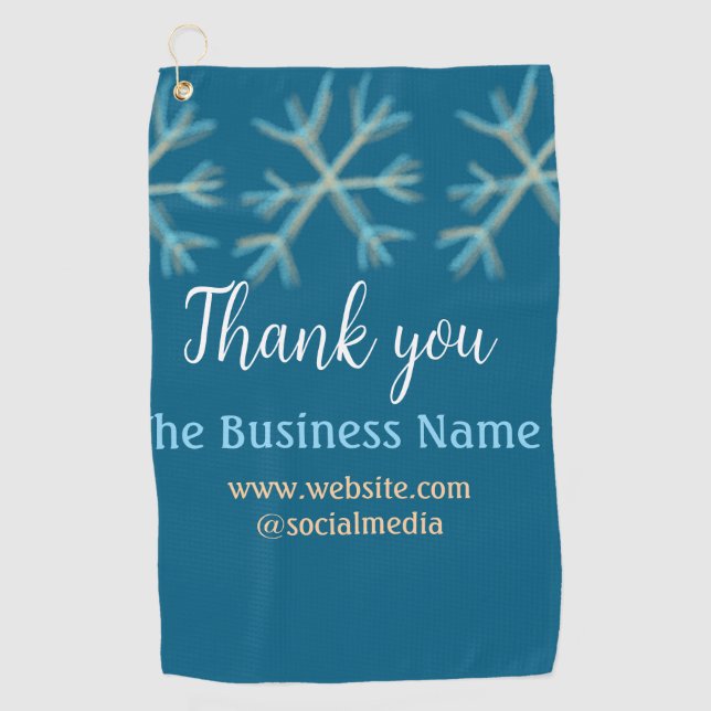 Blue orange snowflakes add business name christmas golf towel (Front)