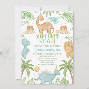 Blue Orange Stomp Chomp Roar Dinosaur Birthday  Invitation