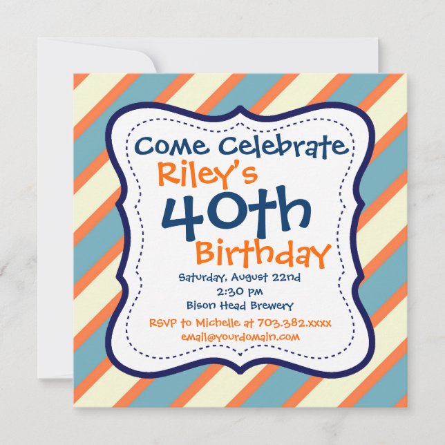 Blue Orange Striped 40th Birthday Party Invitation (Front)