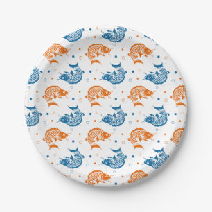 Blue Orange Summer Japanese Koi Fish Paper Plate