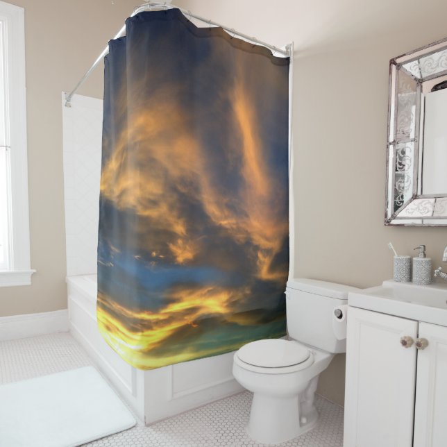 Blue Orange Sunset Clouds Evening Sky Shower Curtain (In Situ)