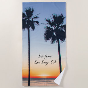 Blue & Orange Sunset Palm Trees Silhouette Beach Towel