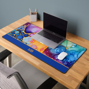 Blue Orange Teal Alcohol Ink Floral Monogram Desk Mat