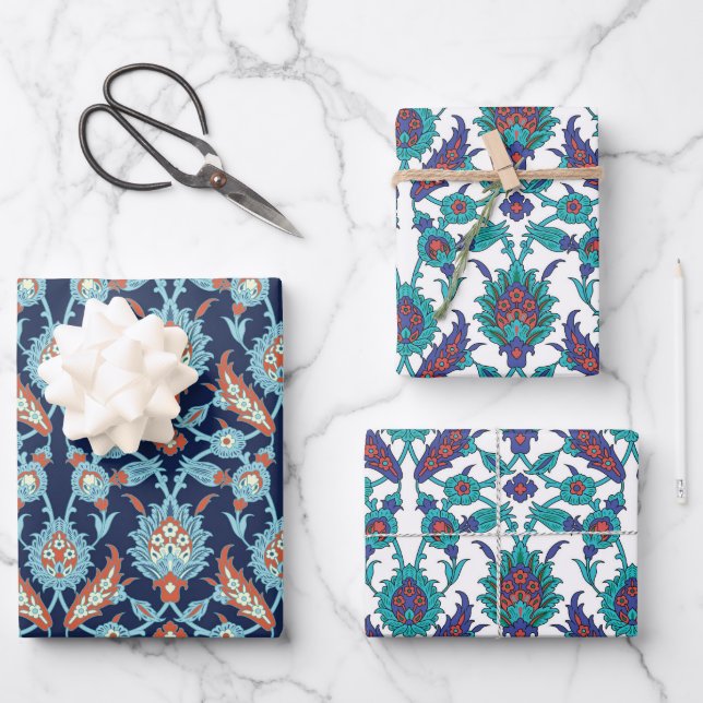 Blue Orange Teal Red White Oriental Floral Pattern Wrapping Paper Sheet (Front)