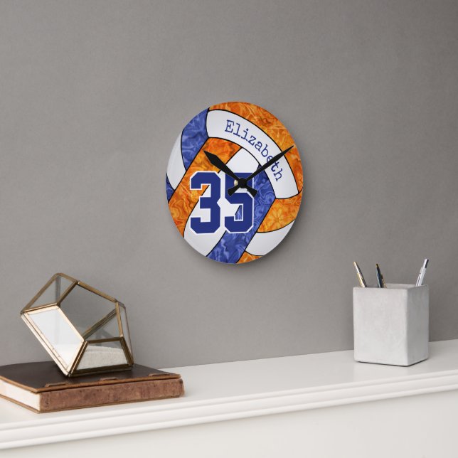 blue orange team colours girl's volleyball room round clock (Office)