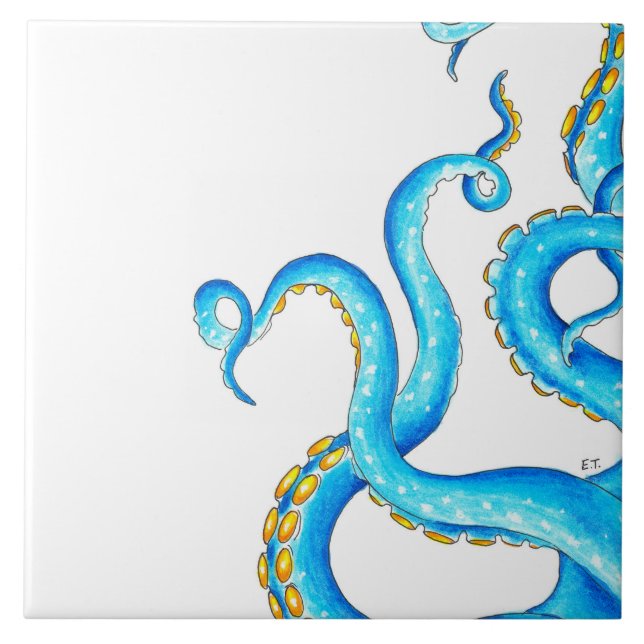 Blue Orange Tentacles Ink Ceramic Tile (Front)