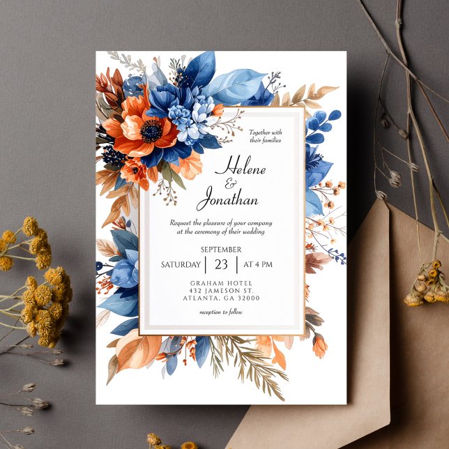 Blue Orange Terracotta Floral Boho Elegant Wedding Invitation (Blue Orange Terracotta Floral Boho Elegant Wedding Invitation)