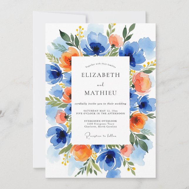 Blue Orange Vibrant Botanical Wedding Invitation (Front)