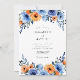 Blue Orange Vibrant Floral Wedding Invitation