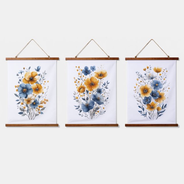 Blue Orange Watercolor Florals Boho Hanging Tapestry (Triple)