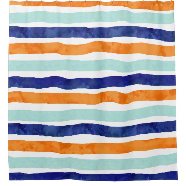 Blue Orange Watercolor Stripe Shower Curtain (Front)