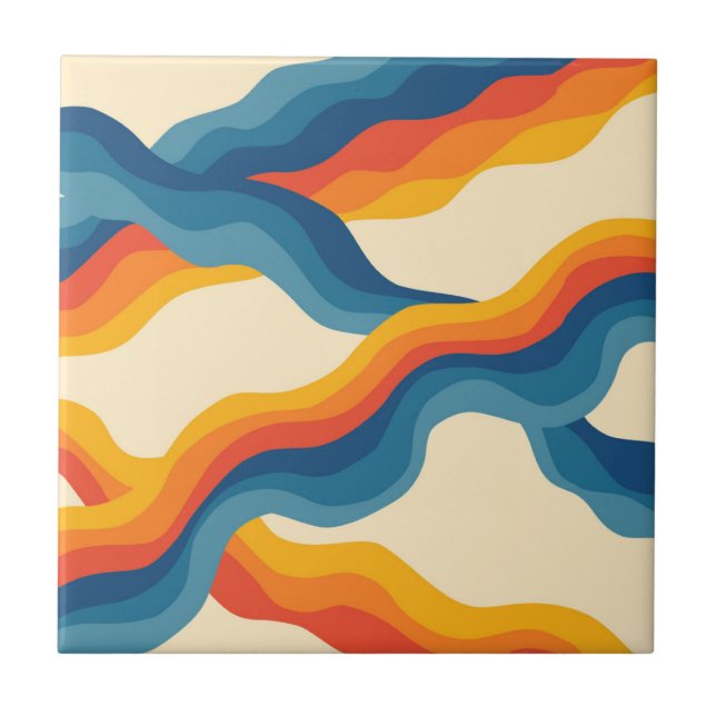 Blue Orange Wavy Stripes Pattern Retro Y2K Ceramic Tile (Front)