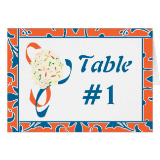 Blue, Orange, White, Damask Table Card