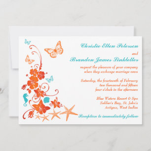 Blue, Orange, White Tropical Beach Wedding Invite
