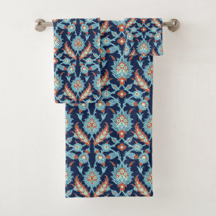 Blue Orange White Turkish Oriental Floral Pattern Bath Towel Set