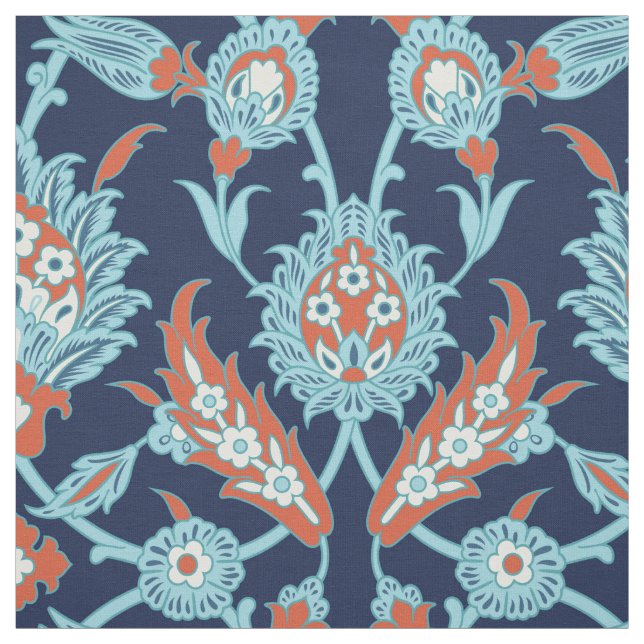 Blue Orange White Turkish Oriental Floral Pattern Fabric (Swatch)