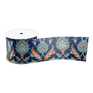 Blue Orange White Turkish Oriental Floral Pattern Satin Ribbon