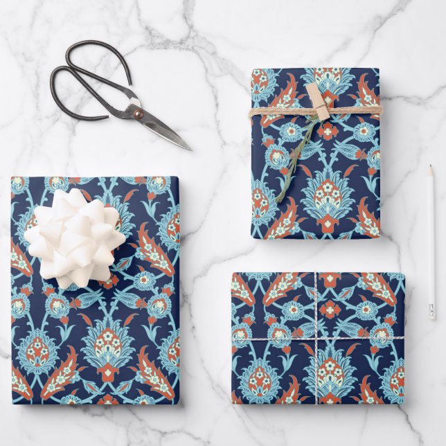 Blue Orange White Turkish Oriental Floral Pattern  Wrapping Paper Sheet (Front)