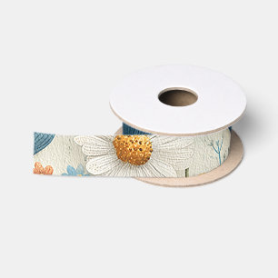 Blue Orange Wildflower Floral Satin Ribbon