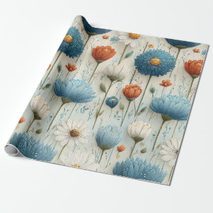 Blue Orange Wildflower Floral Wrapping Paper