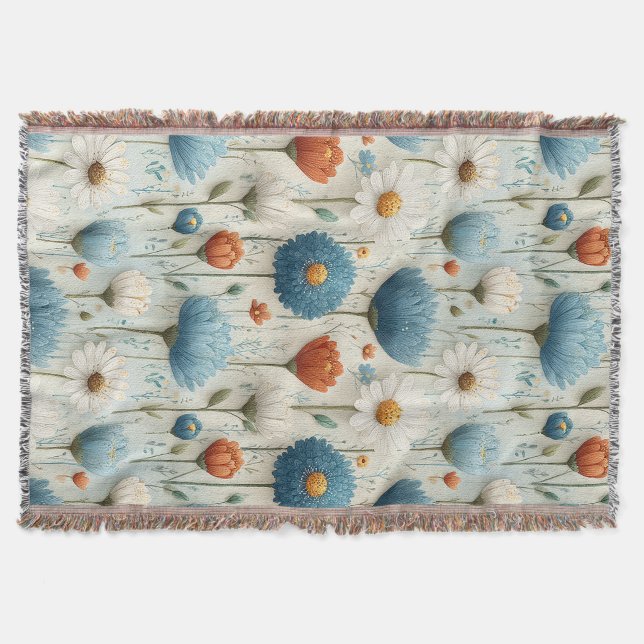 Blue Orange Wildflower Throw Blanket  (Front)