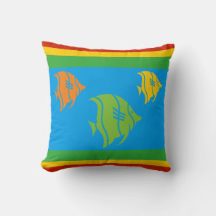 blue, orange, yellow, and Green fish on white Cushion