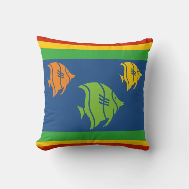blue, orange, yellow, and Green fish on white Cushion (Front)